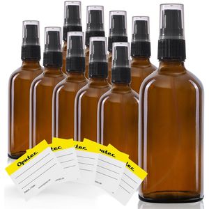 Oputec 10 x 100ml pompflessen – bruine glazen crèmespender & lotionspender – navulbaar & herbruikbaar – met etiketten – dicht & reisvriendelijk