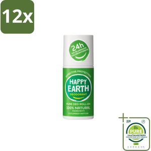 Happy Earth – Deodorant Roll-On – 100% Natuurlijk Cucumber Matcha – 75 ml - Voordeelverpakking - 12 stuks - Deodorant - Fris