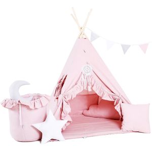Tipi tent voor kinderen XXL Set Roze | INCL. speelmat, 4 kussens, speelmand, vlaggenlijn, dreamcatcher, opberghoes