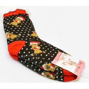 Merino Wollen Sokken  -  Bruin met Kerstkoekje - Kerstsokken - maat 35-38 -Huissokken - Antislip sokken - Warme sokken – Winter sokken