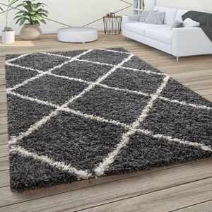 Paco Home Hoogpolig tapijt, zachte shaggy voor de woonkamer in Scandinavische stijl met ruitmotief 140x200 cm