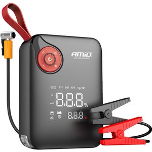 AMiO Portable Mini 4-in-1 Jump Starter – Powerbank 12V 600A met Air Compressor en LED Zaklamp – Draagbare Startbooster Auto – Smart Battery Booster