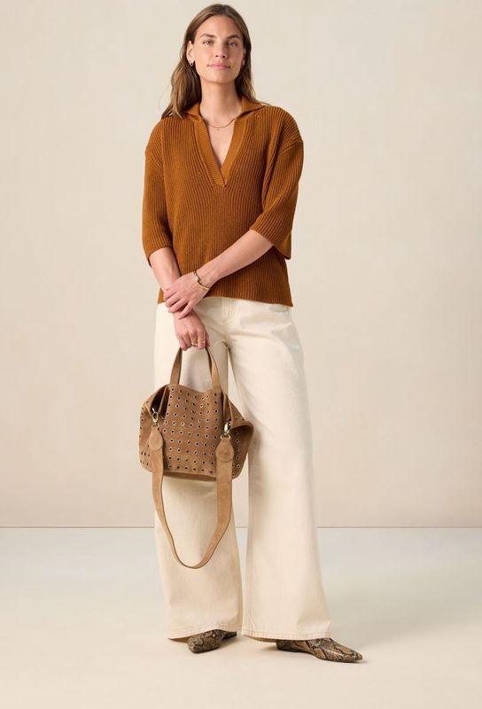 Sissy-Boy - Gebreide Polo - Bruin - Driekwart Mouwen - V-hals