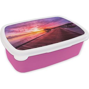 Broodtrommel Roze - Lunchbox - Brooddoos - Steiger - Water - Zon - Roze - Horizon - 18x12x6 cm - Kinderen - Meisje