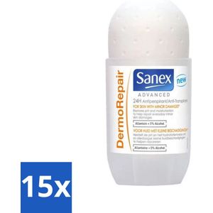 15 x Sanex Advanced - Dermo Repair - Deodorant Roller - 24h Anti-Transpirant - 0% Alcohol - 50 ml - Alcoholvrij Deodorant - Deodorant Voor Normale Huid