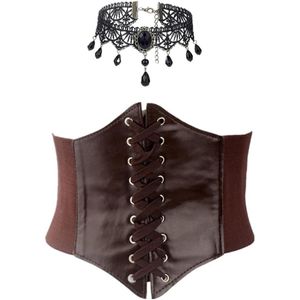 Korset voor Dames met Gothic Sieraad - Middeleeuws Piratenkostuum - Bruin met Kanten Choker - One Size
