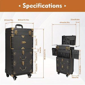 Make-up Koffer – Beautycase – Visagiekoffer – Kapperskoffer – Cosmetica Koffer – Aluminium Frame – Verstelbare Vakverdeling – Wieltjes & Combinatieslot – Zwart – 38,5x25,5x80,5 cm