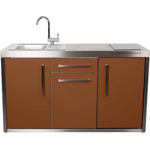 Minikeuken BeNeLux Stengel MO150 S voorgemonteerde metalen outdoor keuken met koelkast - inductie kookplaat - water en electriciteits aansluiting inclusief alle toebehoren - Lava Bruin