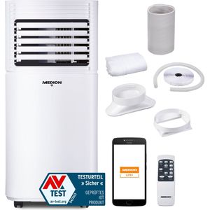 MEDION P701 Slimme mobiele airconditioner met afzuigslang (incl. raamafdichting, 3in1, tot 25m², 7.000 BTU, koelen, ontvochtigen, ventileren, app- en spraakbesturing, slaapstand, stoffilter)
