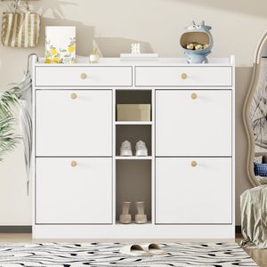 Amalee - Schoenenkast - Witte dubbele schoenenkast - Open en dichte compartimenten - Met 2 lades - 110 cm breed - 100 cm hoog - 26 cm Diep - Ruime schoenkast