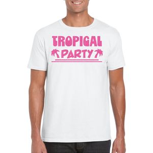 Toppers in concert - Bellatio Decorations Tropical party T-shirt heren - met glitters - wit/roze - carnaval/themafeest M