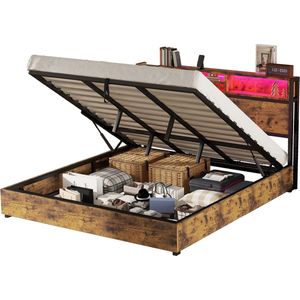 Merax Kingsize Tweepersoonsbed 180x200 cm Inclusief LED-Verlichting met Afstandsbediening - Bedframe met Hydraulische Opbergruimte - Bruin