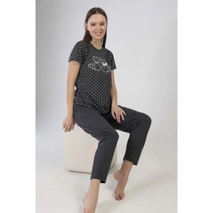 Vienetta | Dames Pyjama Set | Korte Mouwen | donkergrijs | katten patron S