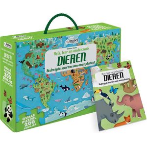 Reis, leer en onderzoek - Boek + ovale puzzel - Dieren - puzzel 200 stukjes en boek