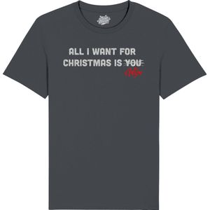 All i want for Christmas is wijn - Foute Kersttrui Kerstcadeau - Dames / Heren / Unisex Kleding - Grappige Kerst Outfit - Glitter Look - T-Shirt - Unisex - Mouse Grijs - Maat XXL