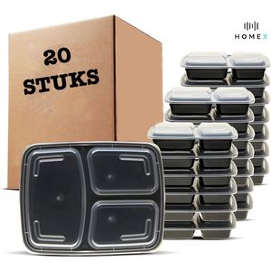 Home X - Meal prep bakjes - 20 Stuks - 3 compartimenten - Vershouddoos - Vershoudbakjes - mealprep - Lunchbox - Plastic bakjes met deksel - 1L - Magnetron bakjes met deksel