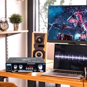 AK45 HiFi Amplifier, Bluetooth 5.0, Mini Bluetooth Stereo, Hi-Fi Stereo, Audio Amplifier with USB/MIC/FM/TF Audio Amplifier with Bass Treble Tuner, Digital Remote Control, for Home or Car