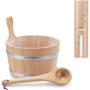 Navaris complete set sauna accessoires - Sauna-emmer met opgietlepel en zandloper - Opgietset incl saunaemmer - Diameter 27,5 cm - Van Afrikaans hout