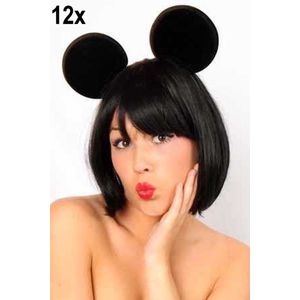 12x Diadeem zwarte muizen oren - carnaval minnie mickey optocht thema feest muis zwart oor grappig en fout