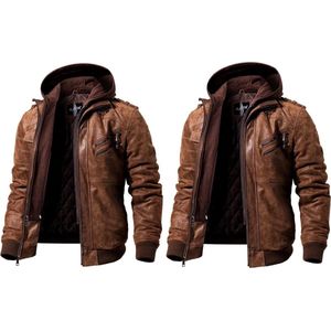 Heren Leren Jas Met Afneembare Hoodie herenjas