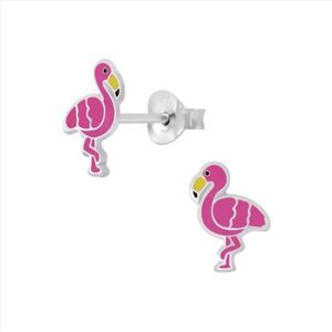 Oorbellen meisje | Zilveren kinderoorbellen | Zilveren oorstekers, roze flamingo’s