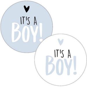 15 x Geboortesticker Jongen - Sluitsticker - Traktatiesticker- Cadeausticker geboorte - Cadeausticker it's a boy - rond 40mm - It's a boy blauw/wit, zwart hartje - Sticker geboorte