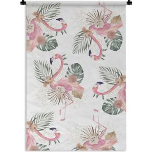Wandkleed FlamingoKerst illustraties - Patroon van flamingo's en tropische bloemen en bladeren op een witte achtergrond Wandkleed katoen 90x135 cm - Wandtapijt met foto