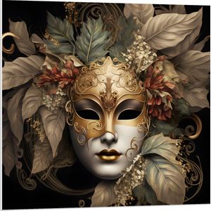 PVC Schuimplaat- Venetiaanse carnavals Masker met Gouden en Beige Details tegen Zwarte Achtergrond - 80x80 cm Foto op PVC Schuimplaat