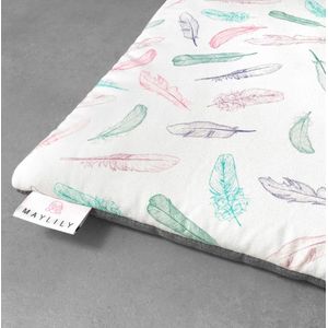 Speelkleed - Baby kleed - Groot - Maylily - Paradise Feathers print, Wit, Lila, Turquoise, Rose, Licht groen, onderkant licht grijs - 150 x 150 cm - Bamboe - Katoen - Vulling hypoallergeen - Onderkant waterproof - Zacht en dik - Voor Binnen & Buiten