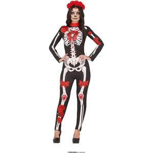 Guirca - Spaans & Mexicaans Kostuum - Sexy Diamond Skelet Diana - Vrouw - Rood, Zwart, Wit / Beige - Maat 36-38 - Halloween - Verkleedkleding