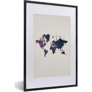 Fotolijst incl. Poster - Wereldkaart - Glitter - Blauw - Roze - 40x60 cm - Posterlijst