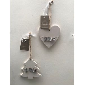 Set van 2 X-mas hangers hart en kerstboom kersthanger ornamenten taupe Emilie