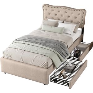 Merax 90*200 cm Gestoffeerd Bed - Bedframe met Opbergruimte - Eenpersoonsbed - Beige Bruin