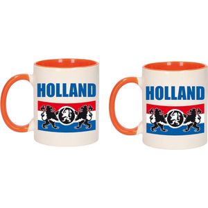 2x stuks Holland met vlag en leeuw mok/ beker oranje wit 300 ml