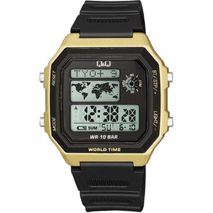 Q&Q model M196j004y-Herenhorloge-zwart/goudkleurig-digitaal-stopwatch-timer-5x alarm-100 meter waterdicht -wereldkaart-afmeting 41x47 mm-rubberen band-wereld tijd