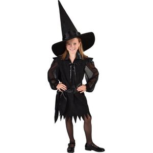 Magic By Freddy's - Heks & Spider Lady & Voodoo & Duistere Religie Kostuum - Vreselijk Gemene Halloween Heks - Meisje - Zwart - Maat 116 - Halloween - Verkleedkleding