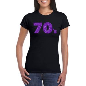 Zwart 70s t-shirt met paarse glitters dames - 70s/80s/disco XS