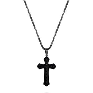 Twice As Nice Halsketting in edelstaal, zwart kruis met zwarte kristallen 60 cm