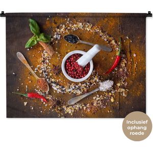 Wandkleed - Wanddoek - Vijzel - Kruiden - Lepels - Specerijen - Bruin - Peper - 90x67.5 cm - Wandtapijt