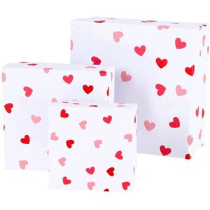 Giftbox - Papier Set van 3 - Wit Rood - Cadeaudozen met Hartjes