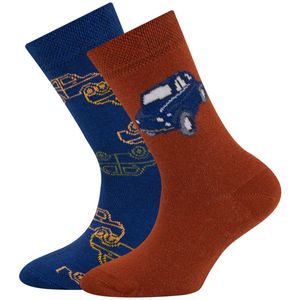 Sokken Ewers Kindermaat - DUOPACK - Donkerblauw & Roodbruin met Autos Design -23/26