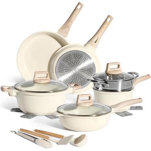 Pannenset Just Perfecto Inductie - Met Deksel - Alle Warmtebronnen - Non-Stick - Glazen Deksel - Anti-Aanbak - Kookpannenset - Zonder PFOA - PFAS - Biege - 14pcs - Small Steamer Pannenset