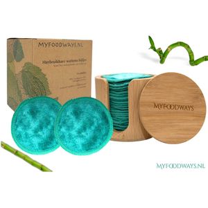 16x Aqua Herbruikbare Wattenschijfjes + Bamboe Houder | Inclusief Gratis Waszakje | Duurzaam cadeau - Zero Waste Wasbare Wattenschijfjes | Make-up Pads