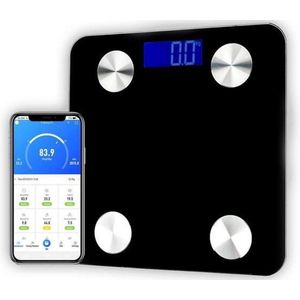 Swiss Homes® | Slimme Weegschaal met Gratis App | Digitale Bluetooth Personenweegschaal met Lichaamsanalyse| tot 180Kg| BMI, Vetpercentage, Spiermassa, Visceraal vet etc. | Zwart