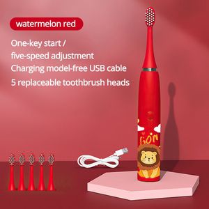 Elektrische tandenborstel voor kinderen, USB-oplaadbaar, zachte borstelharen, 6 koppen - Rood