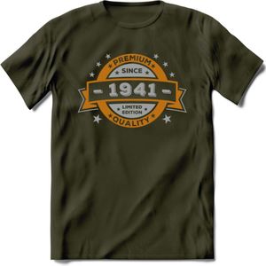 Premium Since 1941 T-Shirt | Zilver - Goud | Grappig Verjaardag en Feest Cadeau Shirt | Dames - Heren - Unisex | Tshirt Kleding Kado | - Leger Groen - S