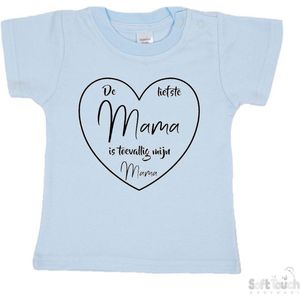 Soft Touch T-shirt Shirtje Korte mouw ""De liefste mama is toevallig mijn mama"" Unisex Katoen Blauw/zwart Maat 62/68