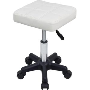 Vierkante Swivel Kruk met Wielen en Hoogte Verstelbaar - PU Leahter Rolling Kruk voor Spa Salon Massage - Wit