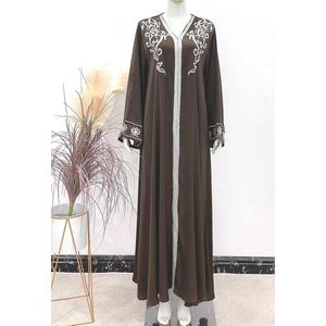 Dames lange jurk bruin- jurk L/XL- glinstering-abaya- dames jurk- lange mouwen- bruine jurk- feestjurk- caftan- dames jurk bruin met zilveren details