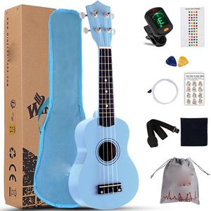 Sopraan Ukulele Starterset - 21 Inch - Beginnerspakket met Draagtas, Clip-on Tuner, Extra Snaren, Draagriem, Plectrum, Toetsenbord Stickers, Akkoordkaart & Polijstdoek - Blauw
